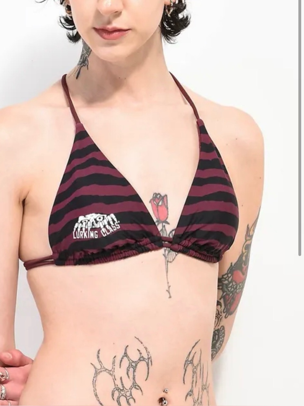 Striped Triangle Bikini Top in Burgundy & Black - Lurking Class